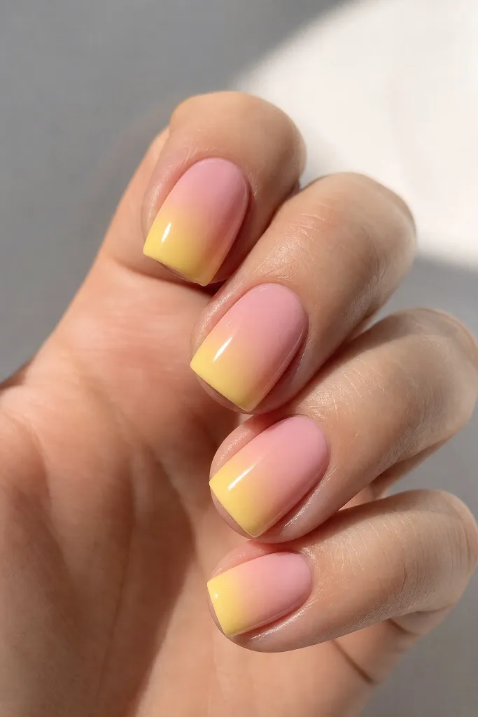 Light Summer Nails 2026 Pink-to-Yellow Ombré Nails With Sunset Fade Charm