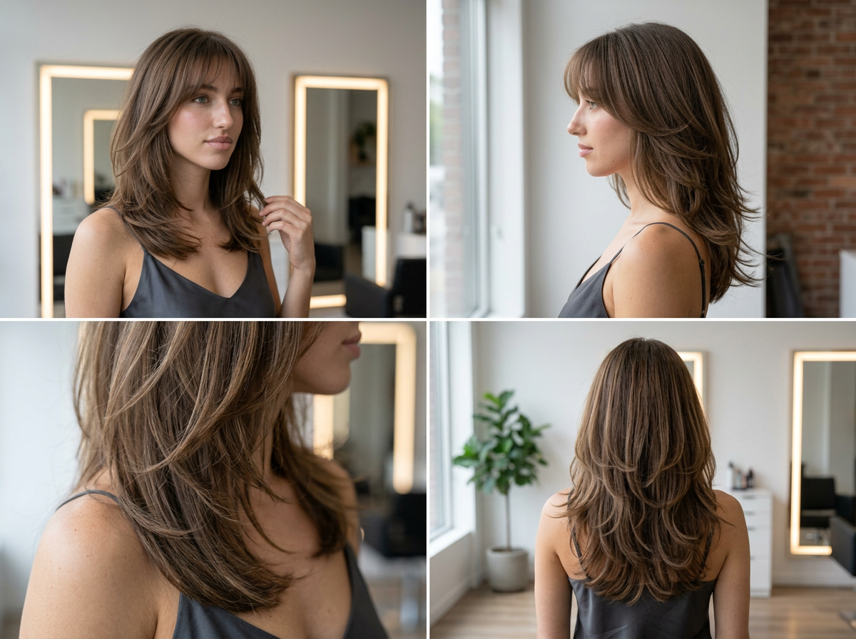 Butterfly layer lob medium haircut in a multi-angle salon collage with soft brunette tones, airy feathered ends, and polished Summer 2026 movement