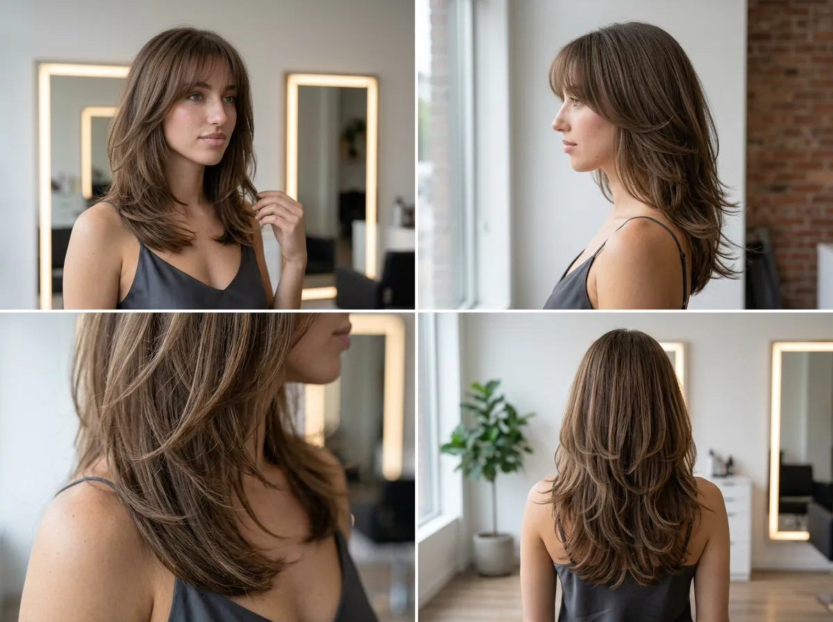 Butterfly layer lob medium haircut in a multi-angle salon collage with soft brunette tones, airy feathered ends, and polished Summer 2026 movement