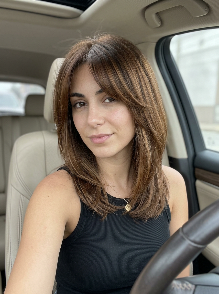 Bronde fringe lob medium haircut with caramel dimension, wispy curtain fringe, feathered ends, and effortless Summer 2026 car-selfie style