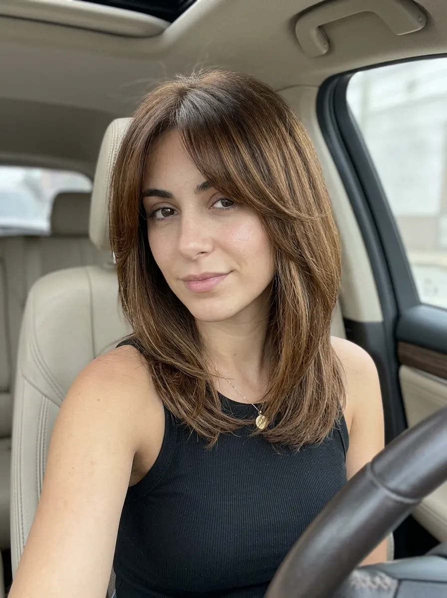Bronde fringe lob medium haircut with caramel dimension, wispy curtain fringe, feathered ends, and effortless Summer 2026 car-selfie style
