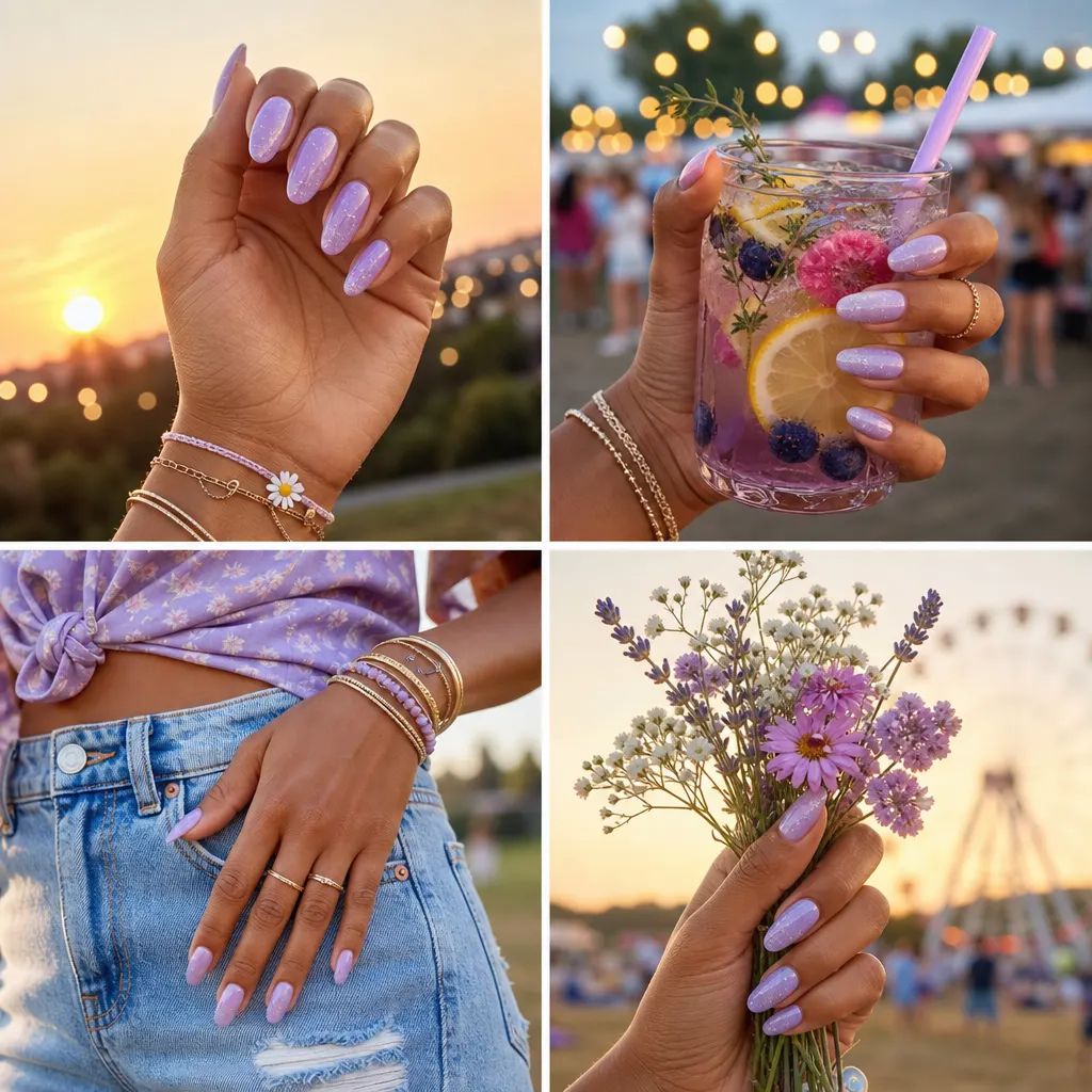 Summer June Nails 2026 Sparkle Lavender Festival Nails With Almond Shape