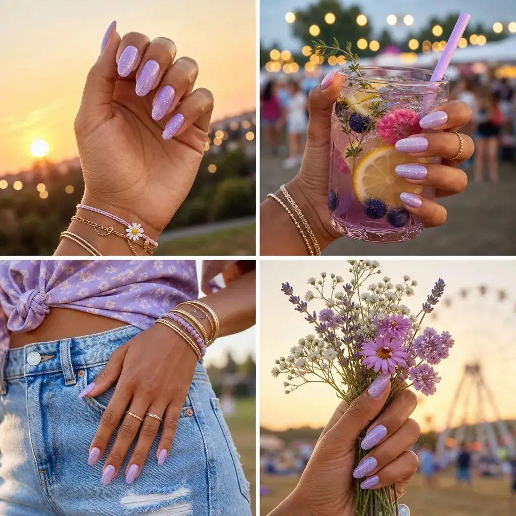 Summer June Nails 2026 Sparkle Lavender Festival Nails With Almond Shape