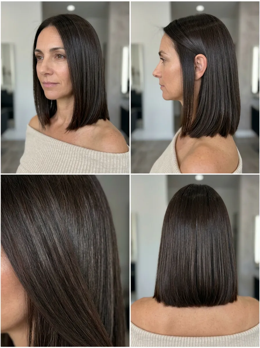 Four-panel glass blunt lob collage with sleek dark brunette shine, precise ends, and polished summer 2026 bob inspiration for women over 40