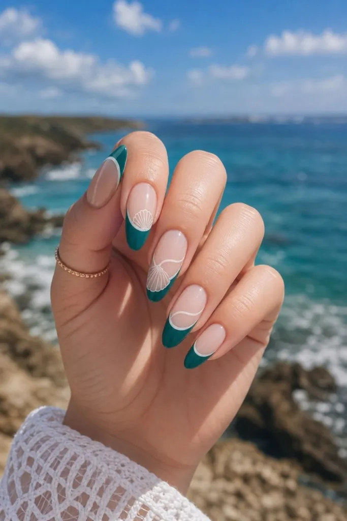 Summer Beach Nails 2026 Teal French Tips With Seashell Accents and Ocean Energy