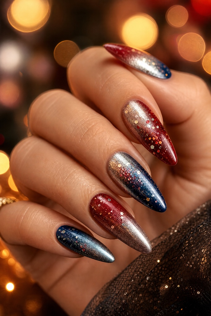 4th of July Nails for 2026 Galaxy Glitter Gradient Nails in Red Gold and Blue