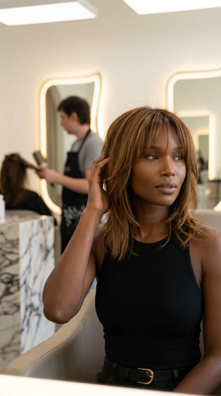 Soft caramel shag medium haircut with warm brunette highlights, airy layered movement, soft salon blowout, natural texture, and Summer 2026 beauty editorial mood