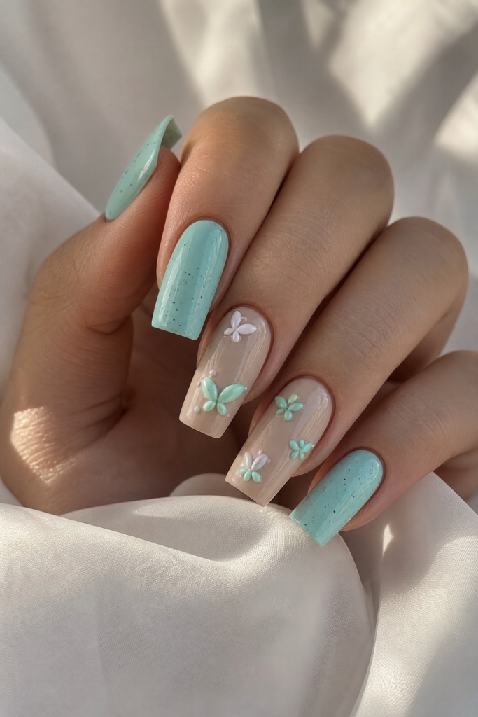 Light Summer Nails 2026 Mint Butterfly 3D Nails With Whimsical Summer Fantasy