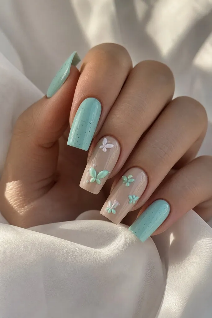 Light Summer Nails 2026 Mint Butterfly 3D Nails With Whimsical Summer Fantasy