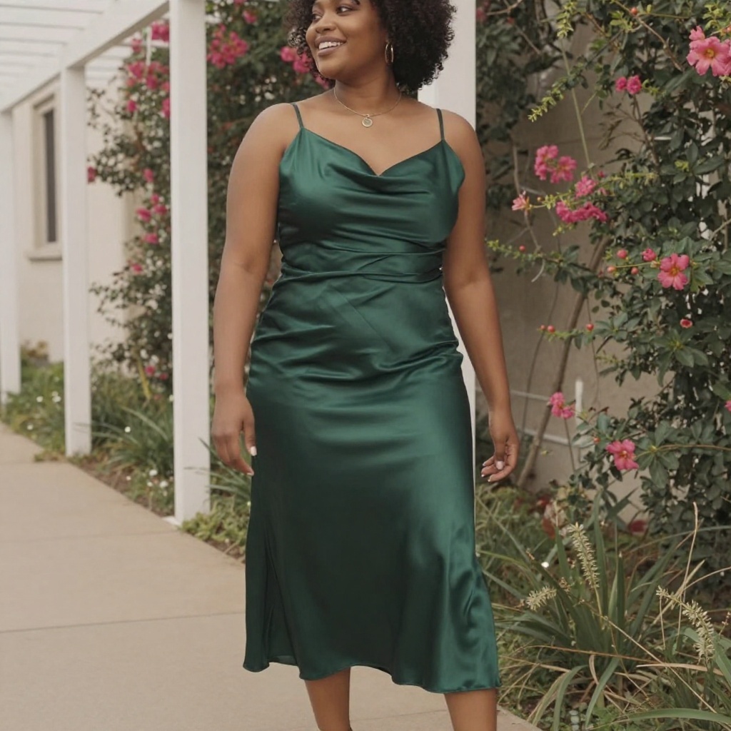 Emerald Satin Slip Dress With Floral Pergola Backdrop