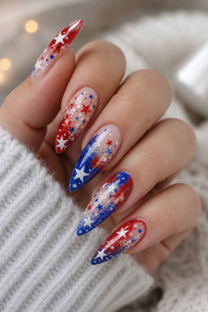 Patriotic Nails for 2026 Red and Blue Glitter Cascade With Star Confetti