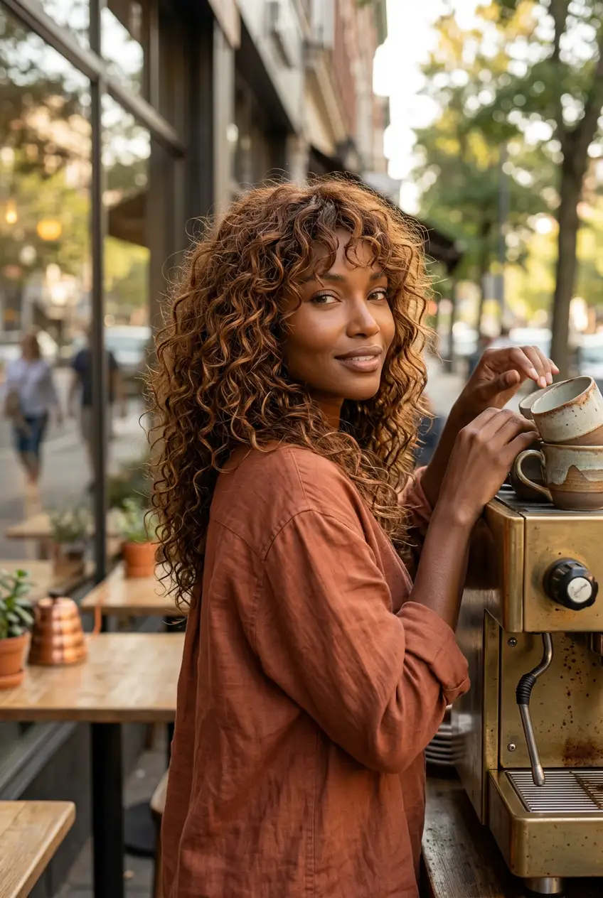 Long copper-brown curly haircut with defined ringlets and curly bangs, warm dimensional tone, natural lifestyle portrait, summer 2026 texture-rich beauty mood