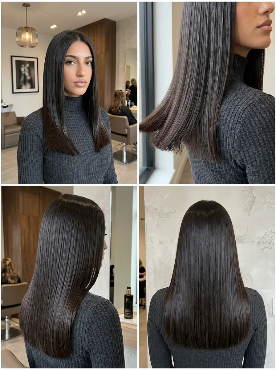 Sleek dark brunette long haircut shown in a multi-angle editorial collage, smooth ends, glossy salon texture, classic Summer 2026 beauty styling