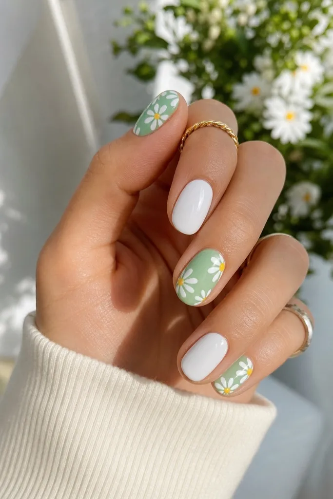 Summer Beach Nails 2026 Sage Green Daisy Nails That Feel Like a Garden by the Sea