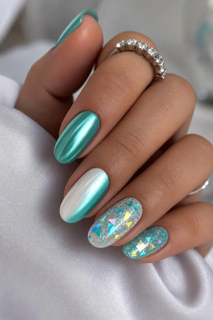 Summer Beach Nails 2026 Teal Chrome With Holographic Glitter Confetti
