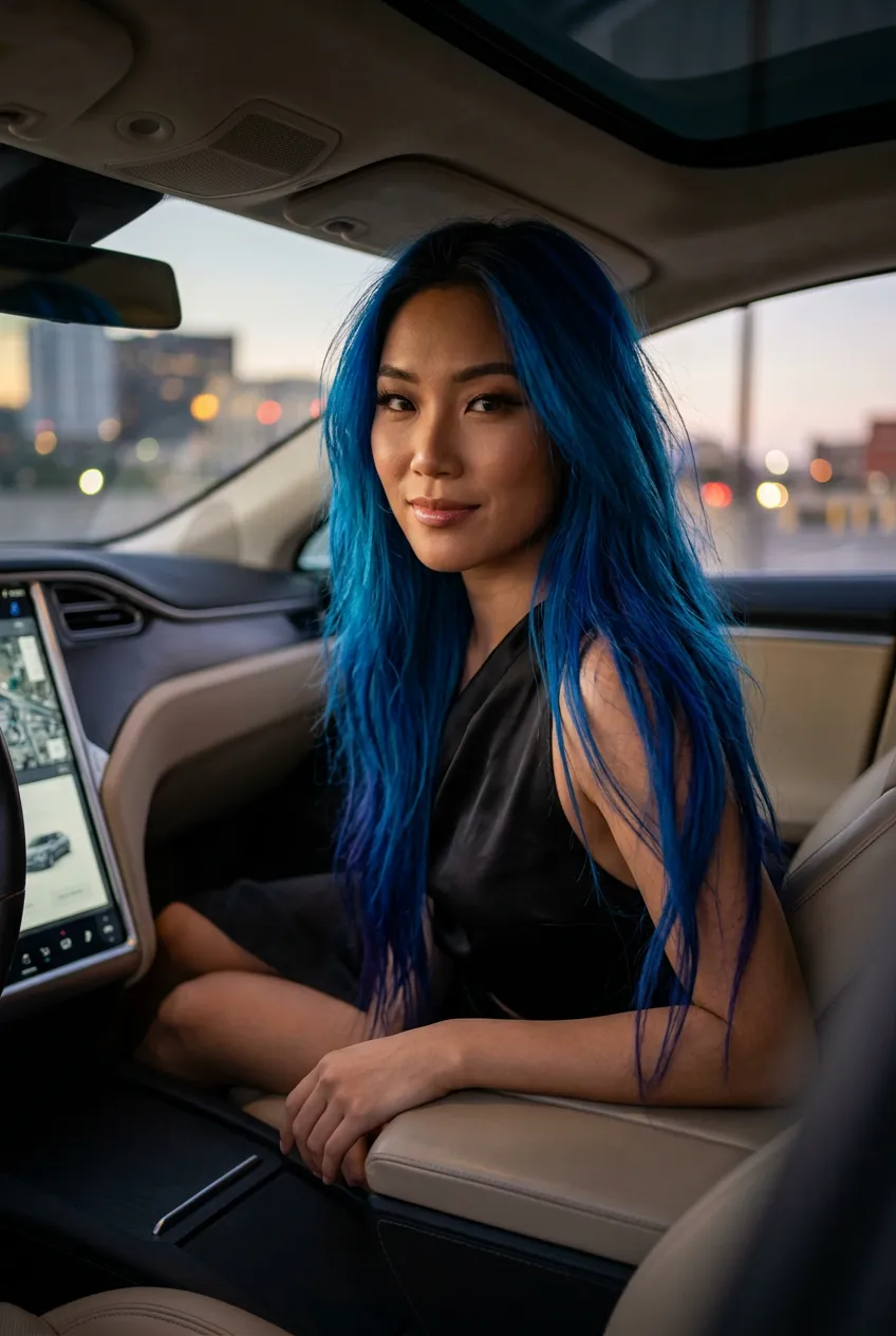 Electric blue long layered haircut with edgy texture, vivid fashion color, striking lifestyle portrait, bold Summer 2026 beauty editorial vibe