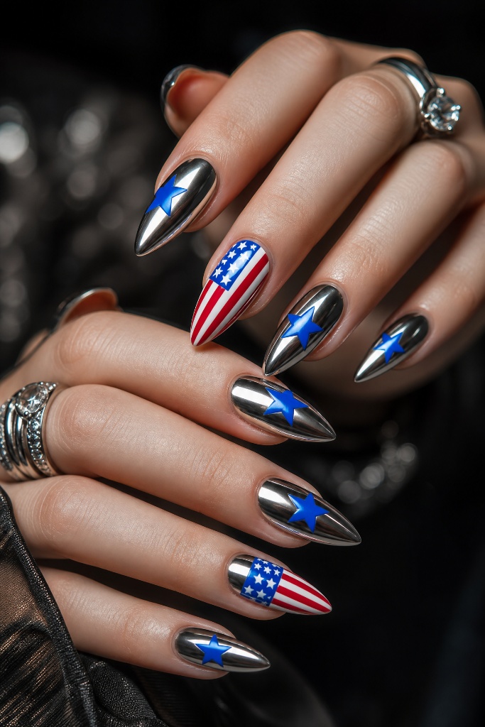 4th of July Nails for 2026 Chrome Stars on Silver Stiletto Nails With Flag Accents