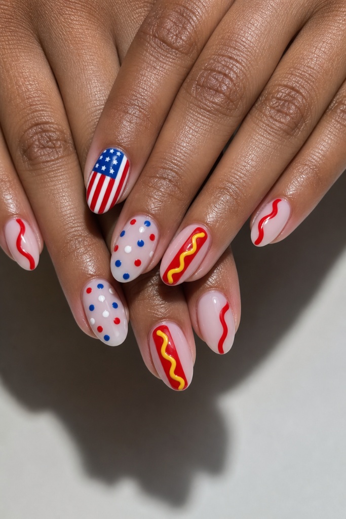 Patriotic Nails for 2026 Playful BBQ-Themed Americana Nails With Hot Dog Art