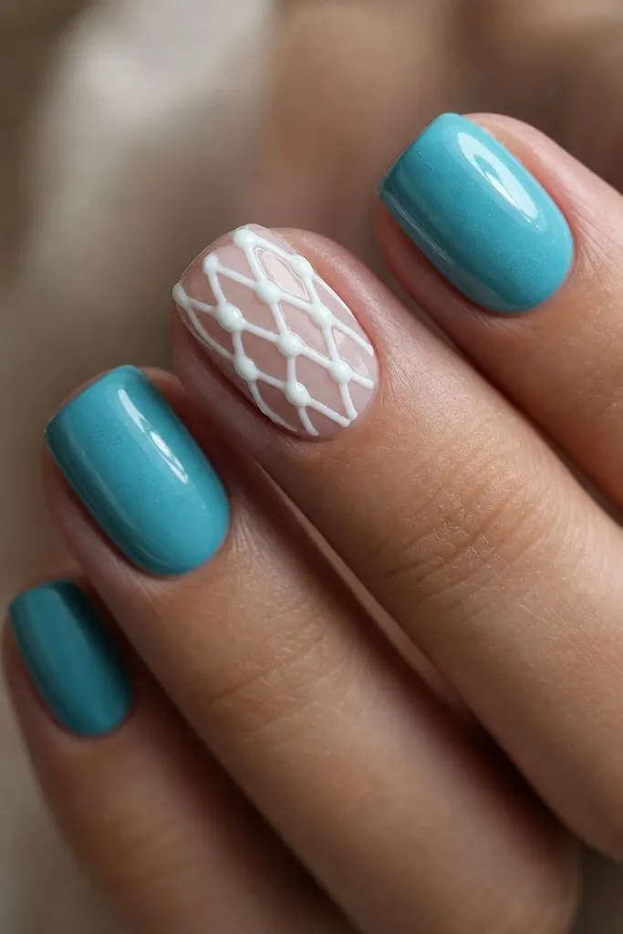 Summer Beach Nails 2026 Aqua Blue With 3D Net Texture for Coastal Charm