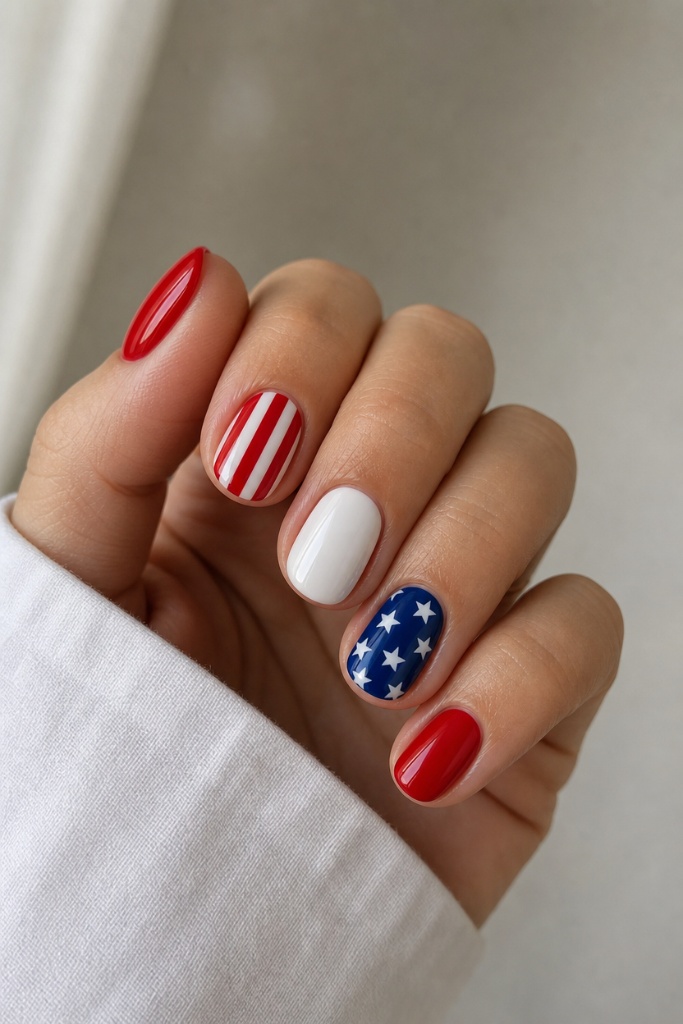 Patriotic Nails for 2026 Mix-and-Match Americana With Short Round Nails
