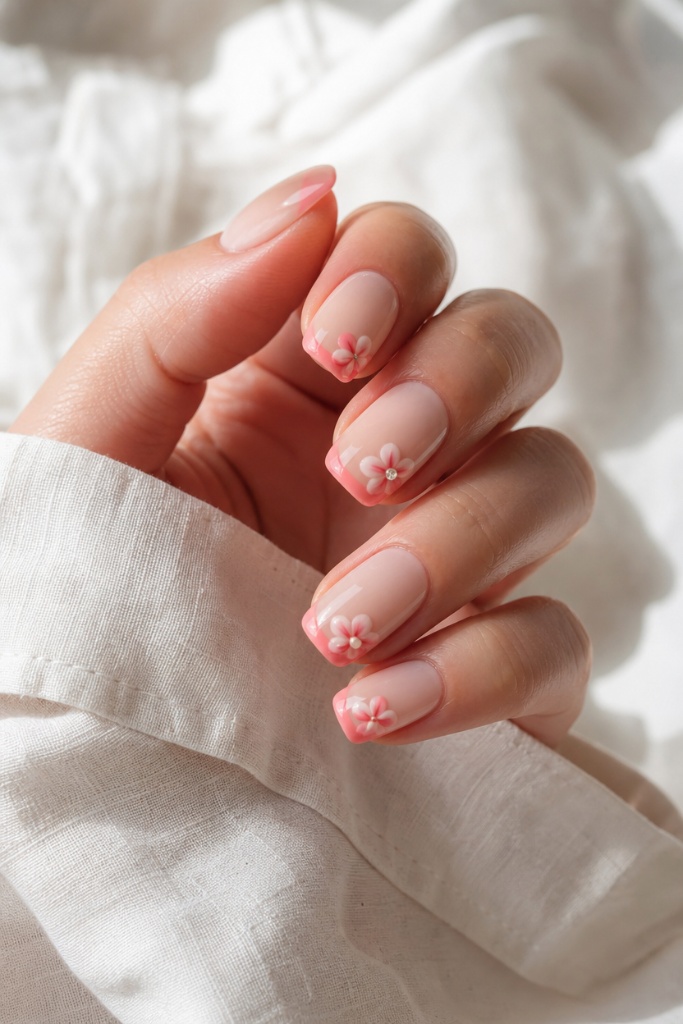 Summer Nails Inspo 2026 Peach Blush Nails With Tiny Floral Accents Near the Cuticle