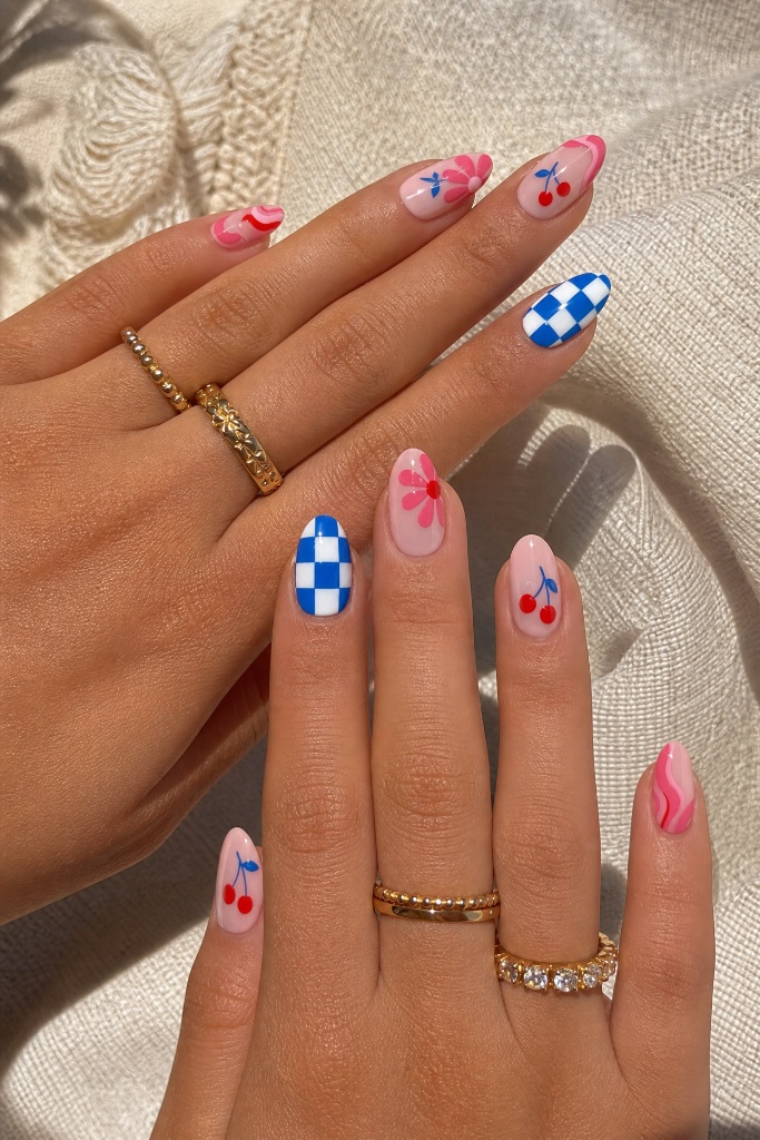 4th of July Nails for 2026 Retro Cherry and Checkerboard Nails With Playful Energy