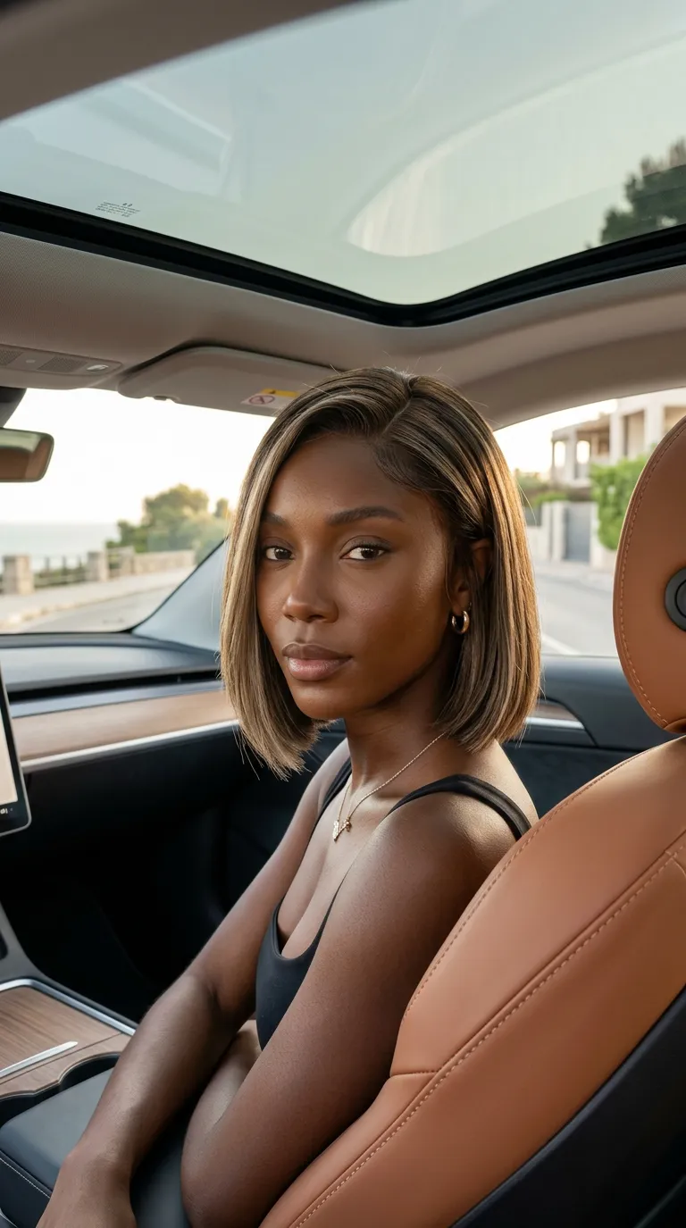 highlighted side part power bob on deep skin, shoulder skimming sleek cut, dimensional ash blonde money piece, polished summer 2026 beauty look
