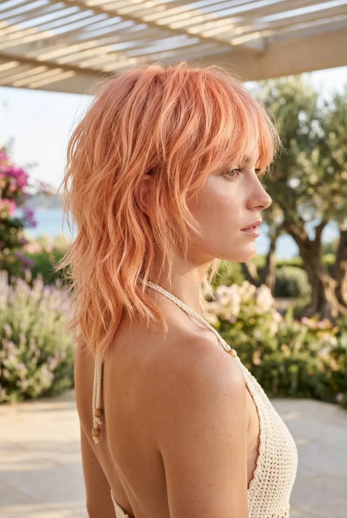Peach Coral Choppy Shag with Curtain Bangs