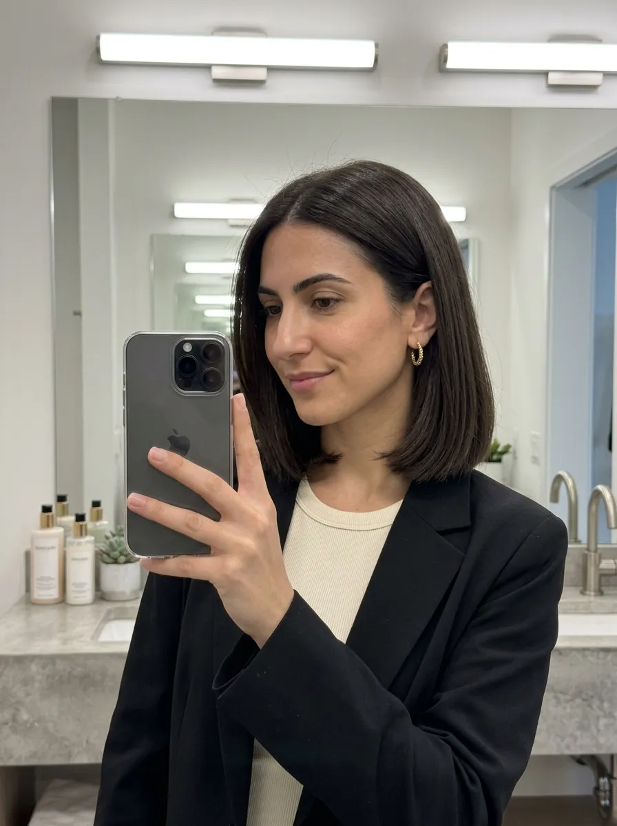 Sleek espresso bob medium haircut with rich dark brunette shine, glassy straight finish, and chic salon mirror selfie mood for Summer 2026