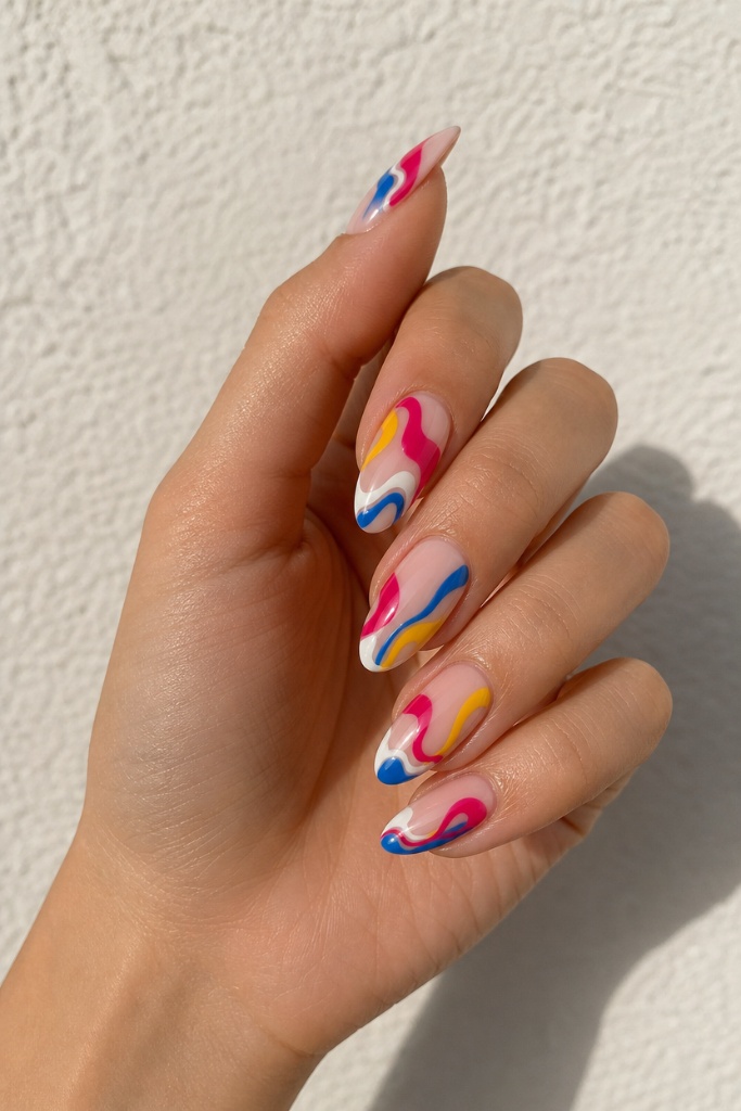 Summer Nails Inspo 2026 Bold Abstract Swirl Nails in Primary Colors That Pop