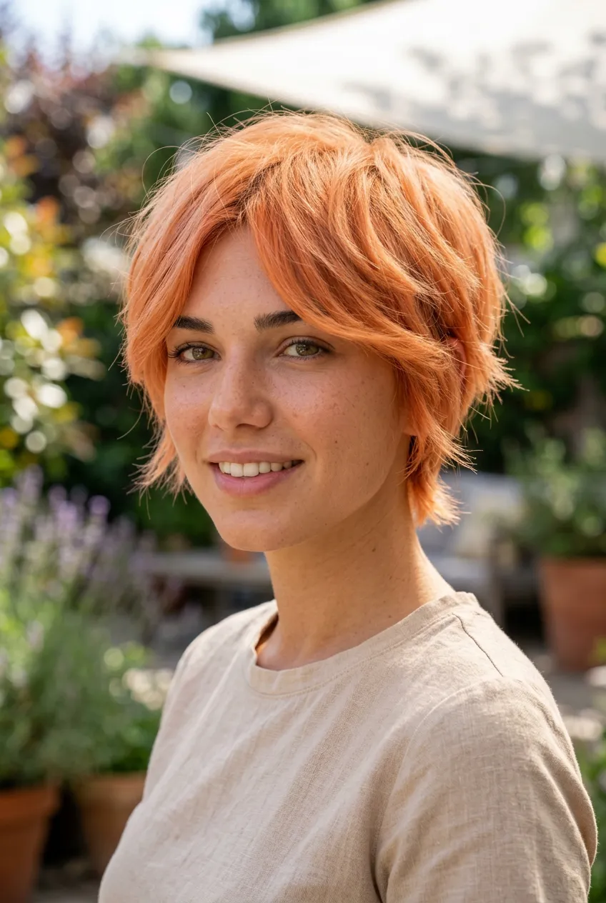 peach shag pixie short haircut for summer 2026, airy layers, soft fringe, playful copper pastel tone, breezy outdoor beauty mood