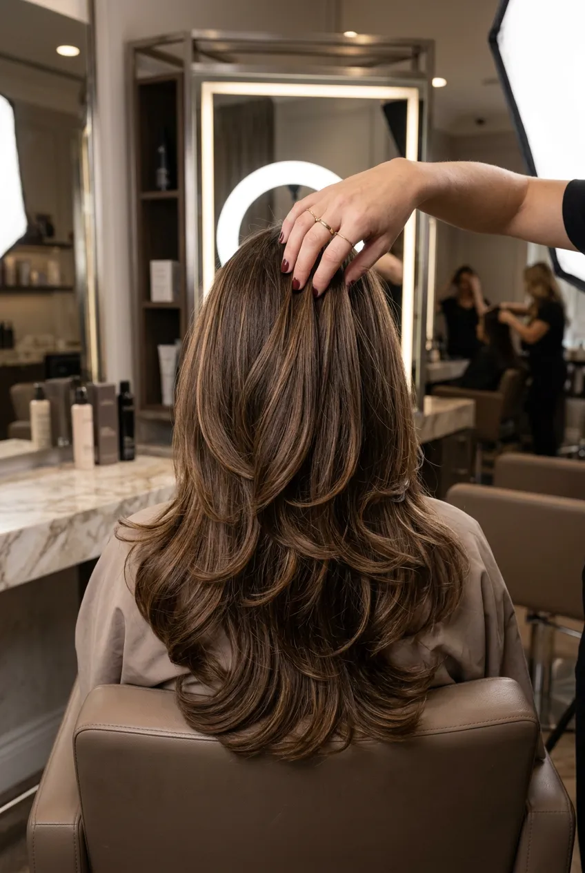 Rich brunette cascading layered haircut with glossy dimension, curled-out ends, salon back view, luxurious Summer 2026 long hair inspiration