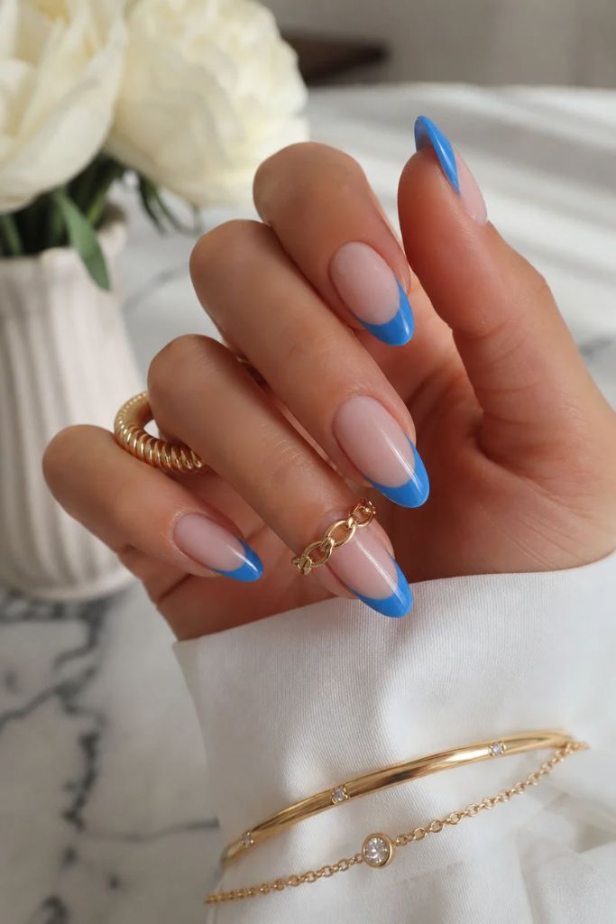 Summer French Nails 2026 Bold Cornflower Blue French on Almond Nails
