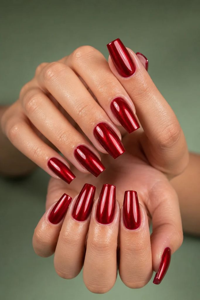 Summer June Nails 2026 Deep Ruby Chrome Coffin Nails With Mirror Finish