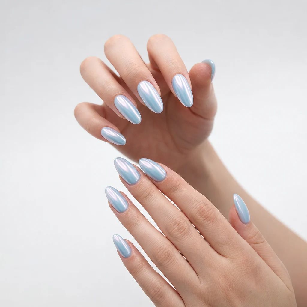 Summer June Nails 2026 Icy Blue Pearl Almond Nails With Glazed Finish