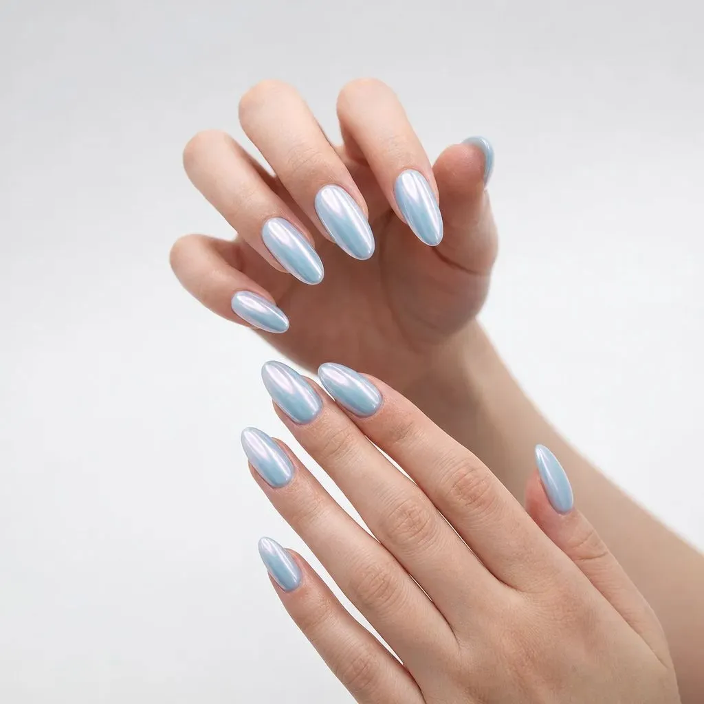 Summer June Nails 2026 Icy Blue Pearl Almond Nails With Glazed Finish