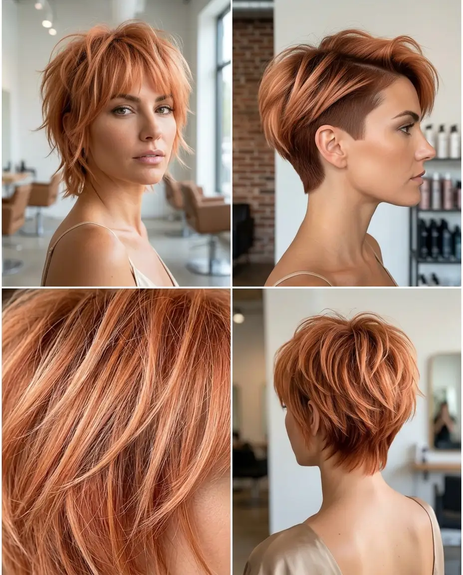Four-panel spiced copper shag inspiration collage showing layered texture, airy volume, warm auburn tones, and summer 2026 salon haircut ideas for women over 40