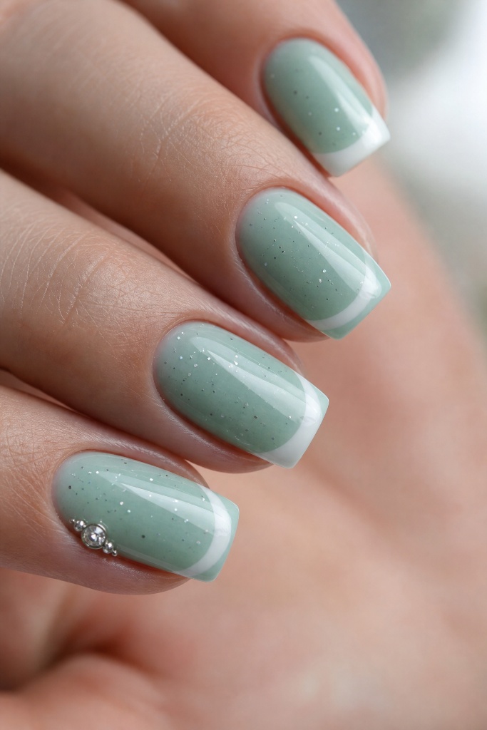 Light Summer Nails 2026 Sage French Tip Nails With Speckled Detail and Rhinestone Accent