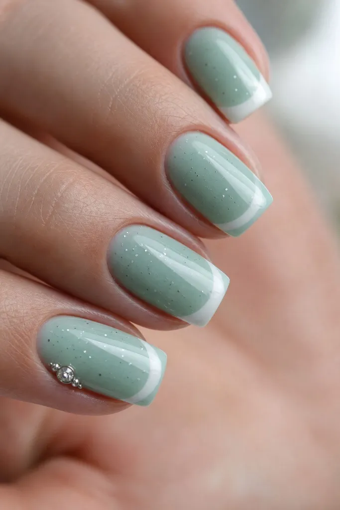 Light Summer Nails 2026 Sage French Tip Nails With Speckled Detail and Rhinestone Accent