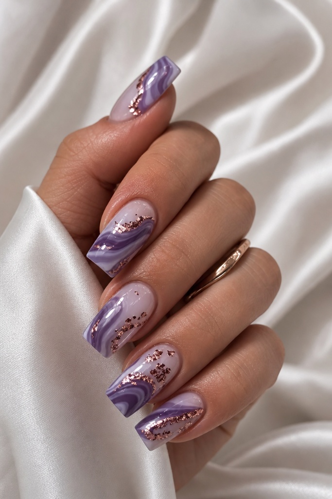 Summer Nails Inspo 2026 Purple Marble Coffin Nails With Rose Gold Foil Flakes