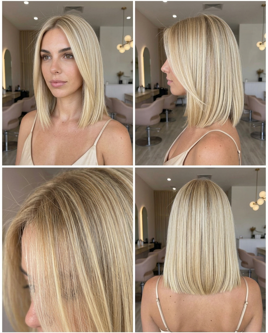creamy blonde blunt lob four view collage, front side texture and back, sleek center part, precision cut, summer 2026 salon inspiration