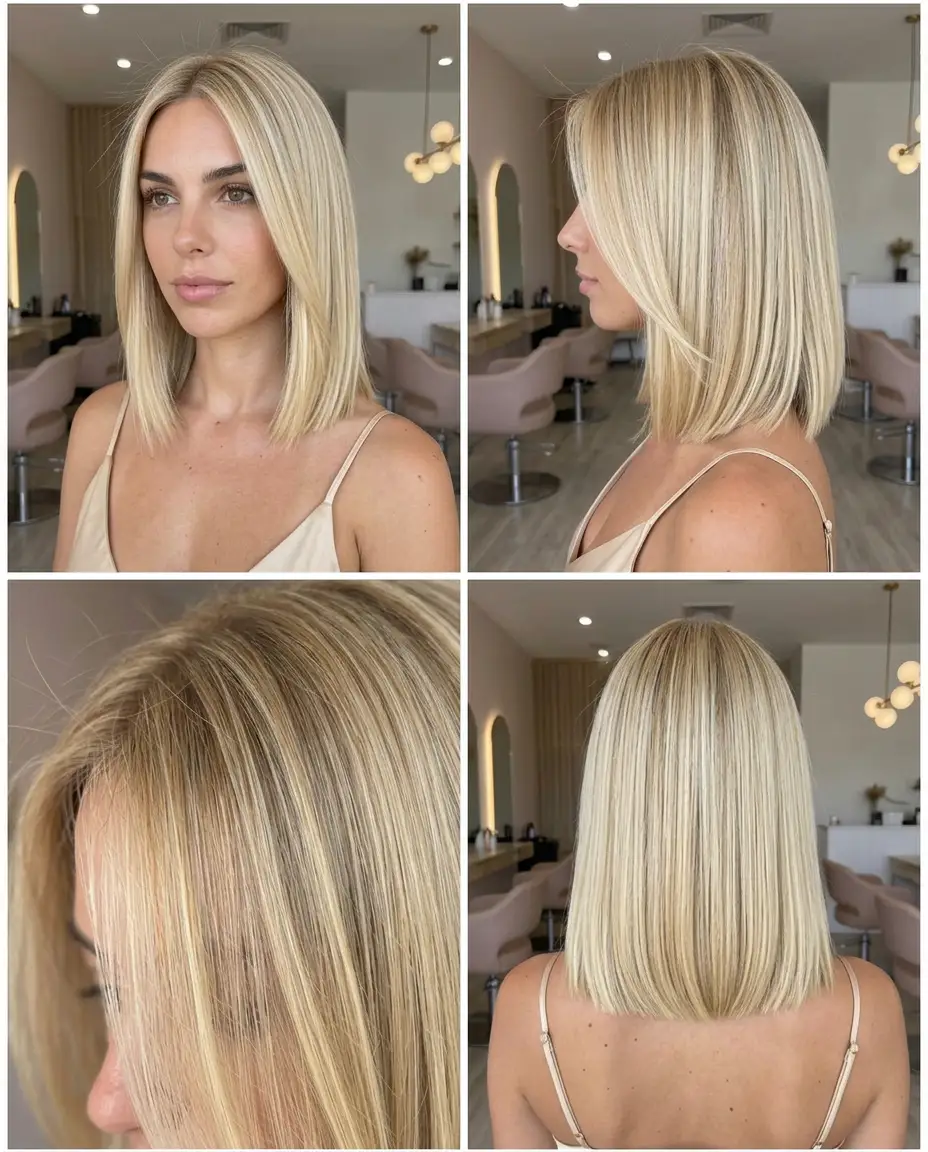 creamy blonde blunt lob four view collage, front side texture and back, sleek center part, precision cut, summer 2026 salon inspiration