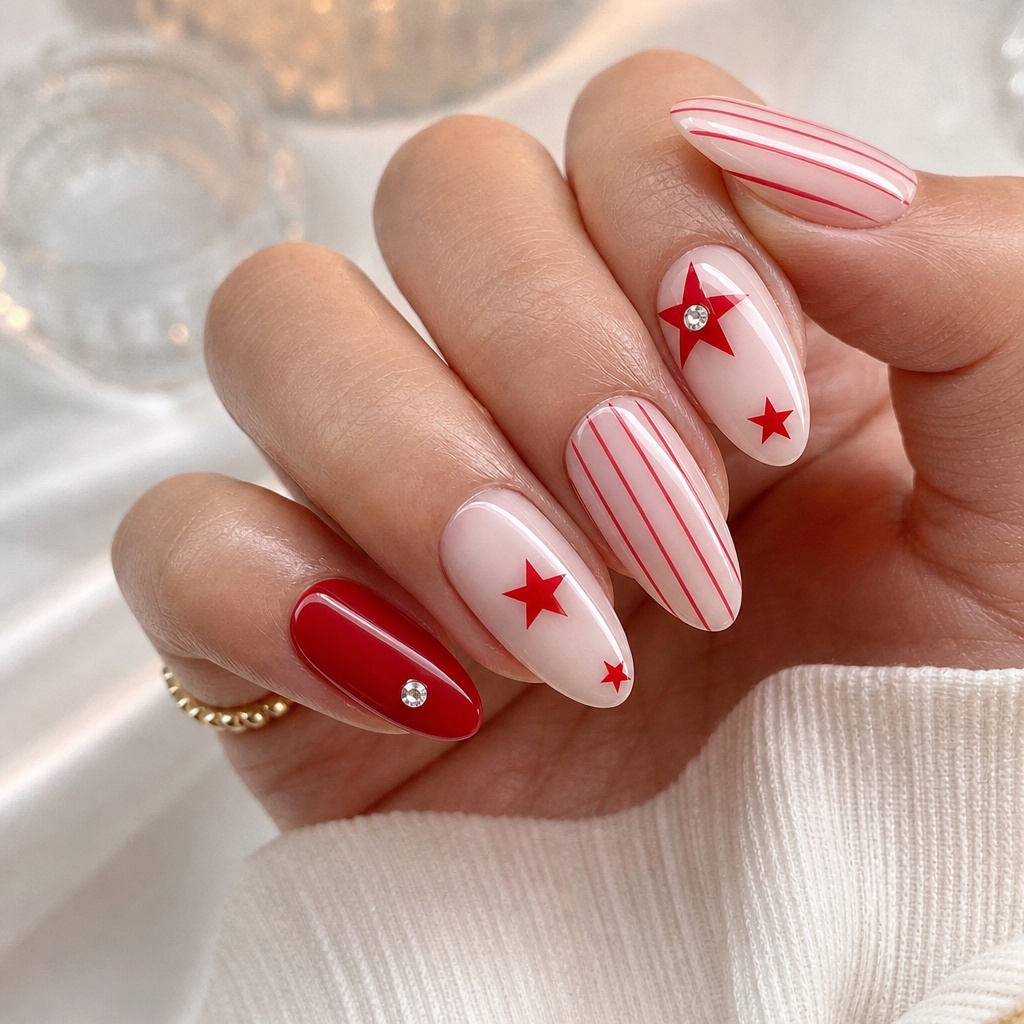 Patriotic Nails for 2026 Red Stars and Stripes With Rhinestone Accents