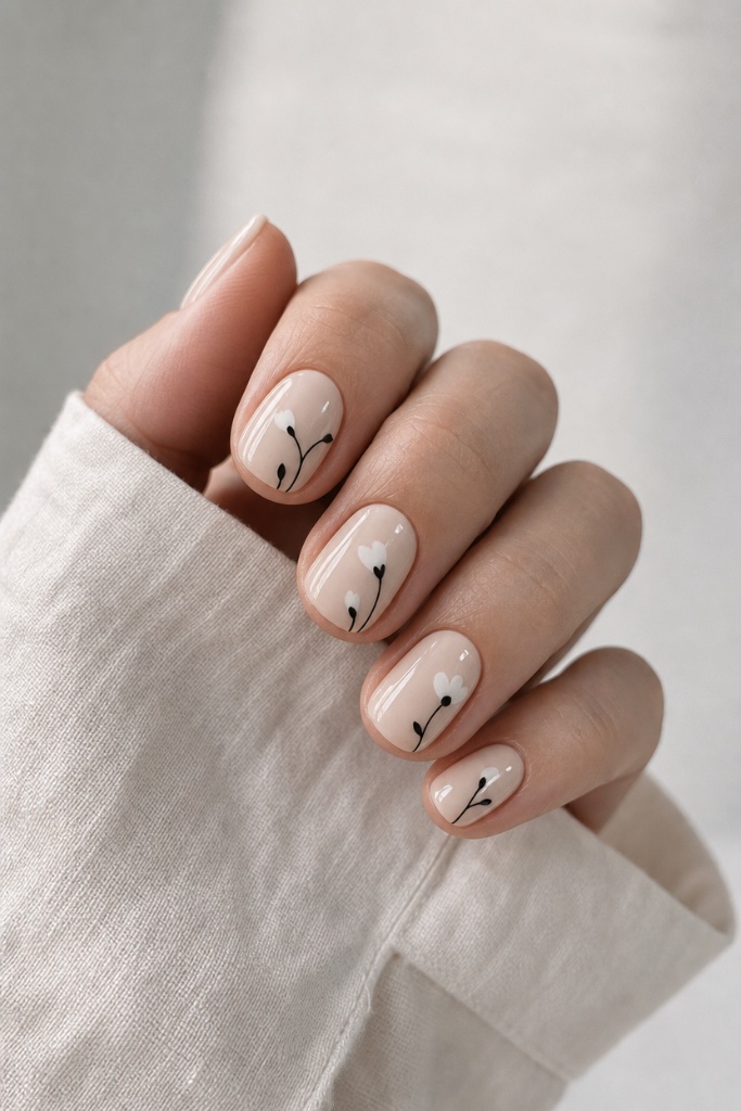 Short Nail Ideas for Summer 2026 Nude Floral Nails With Dainty Minimalist Beauty