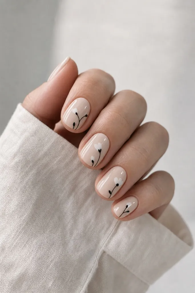 Short Nail Ideas for Summer 2026 Nude Floral Nails With Dainty Minimalist Beauty