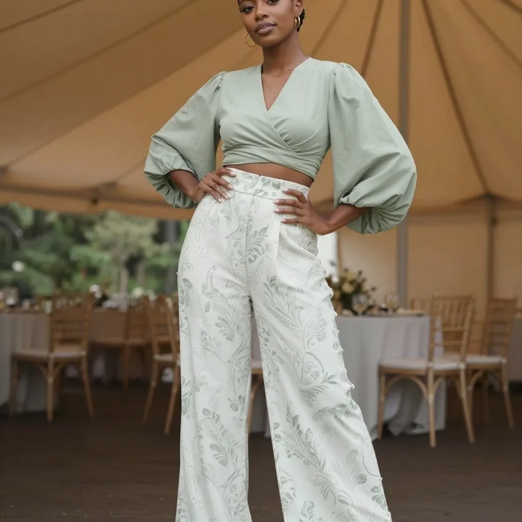 Sage Wrap Top and Printed Wide-Leg Pants
