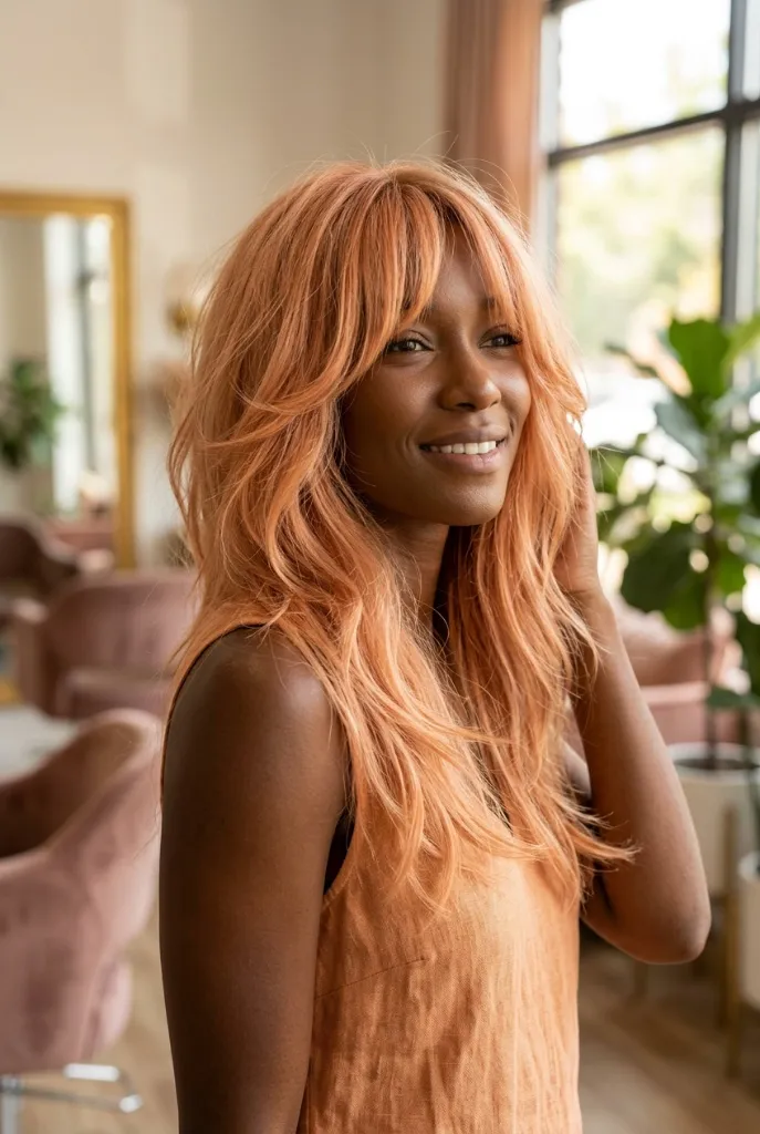 Peach Strawberry Blonde Long Choppy Shag with Wispy Bangs