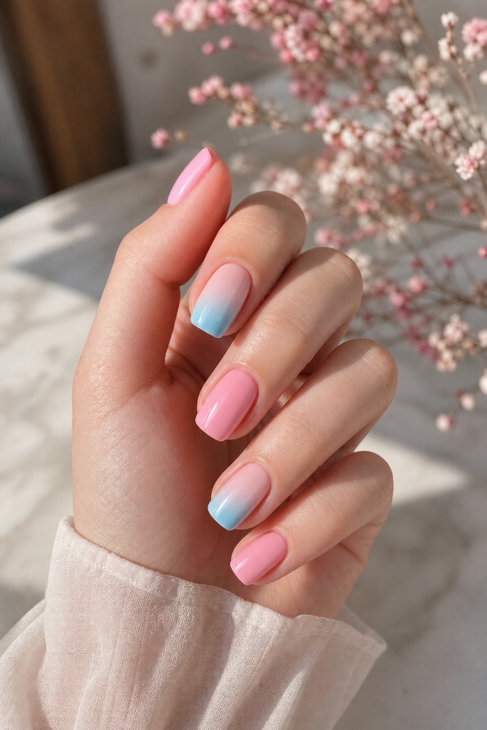 Light Summer Nails 2026 Pink and Blue Gradient Nails With Cotton Candy Summer Mood