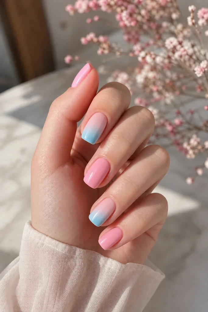Light Summer Nails 2026 Pink and Blue Gradient Nails With Cotton Candy Summer Mood