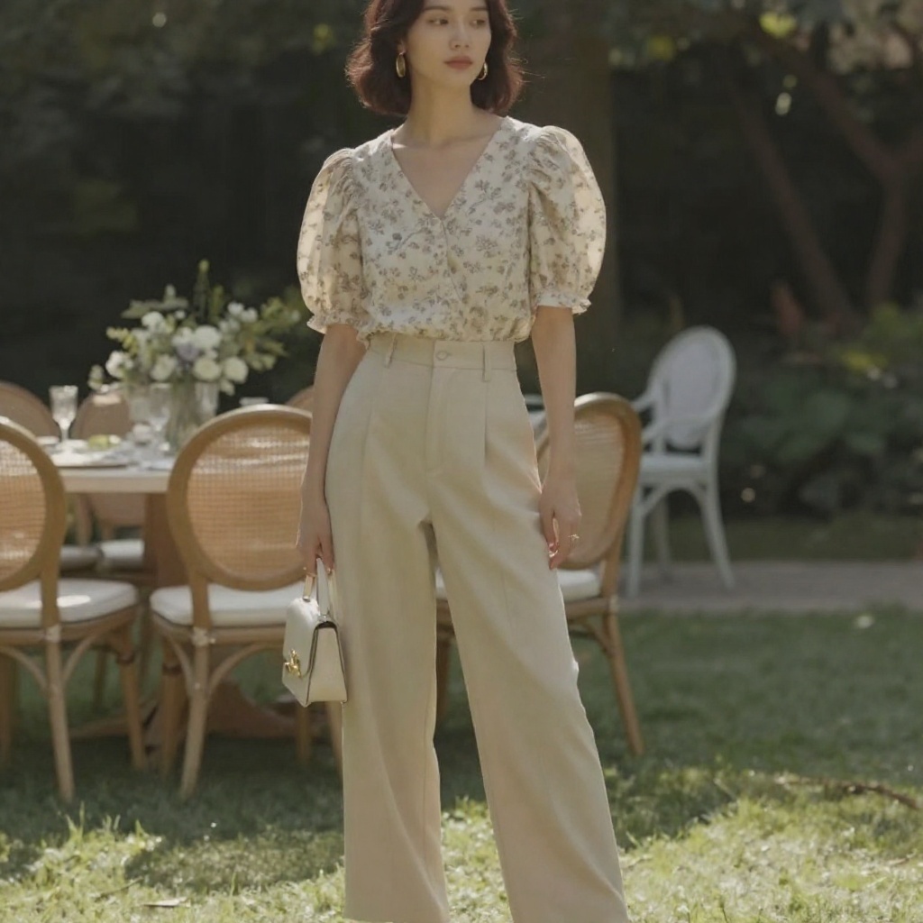 Cream Garden Party Wedding Guest Outfit With Wide-Leg Trousers